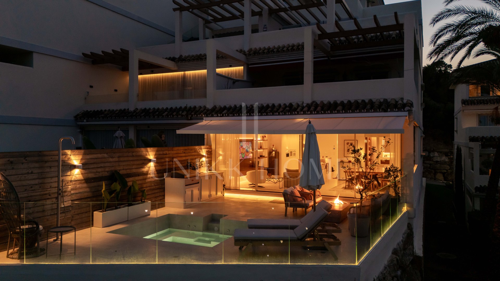 Panoramic sea, lake and La Concha views meet modern design, a private plunge pool and stylish outdoor living in Les Belvederes, Nueva Andalucia.