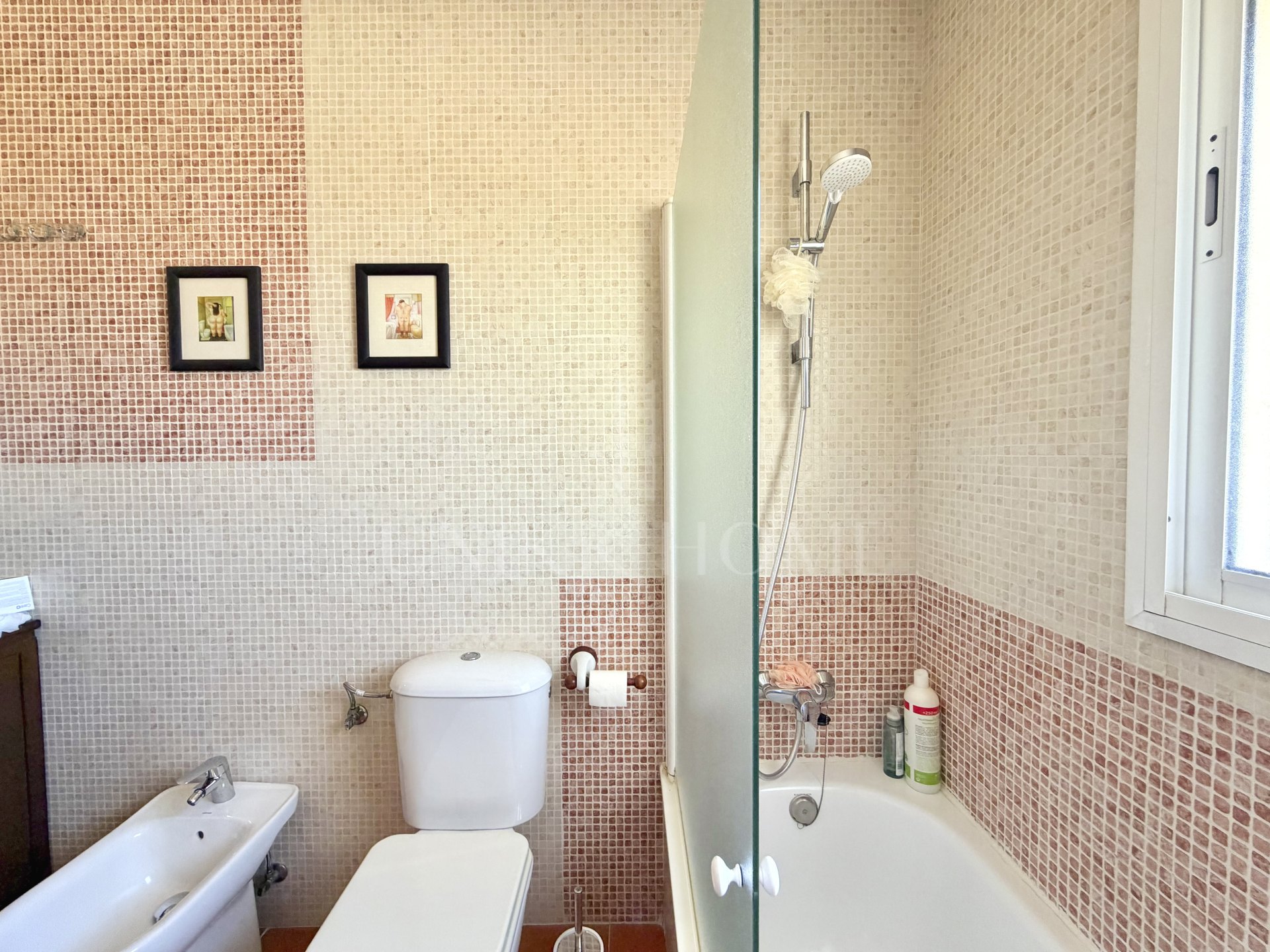 Town house in Cancelada, Estepona East with sea and mountain views, private garden, roof terrace, communal pool and garage for two cars.