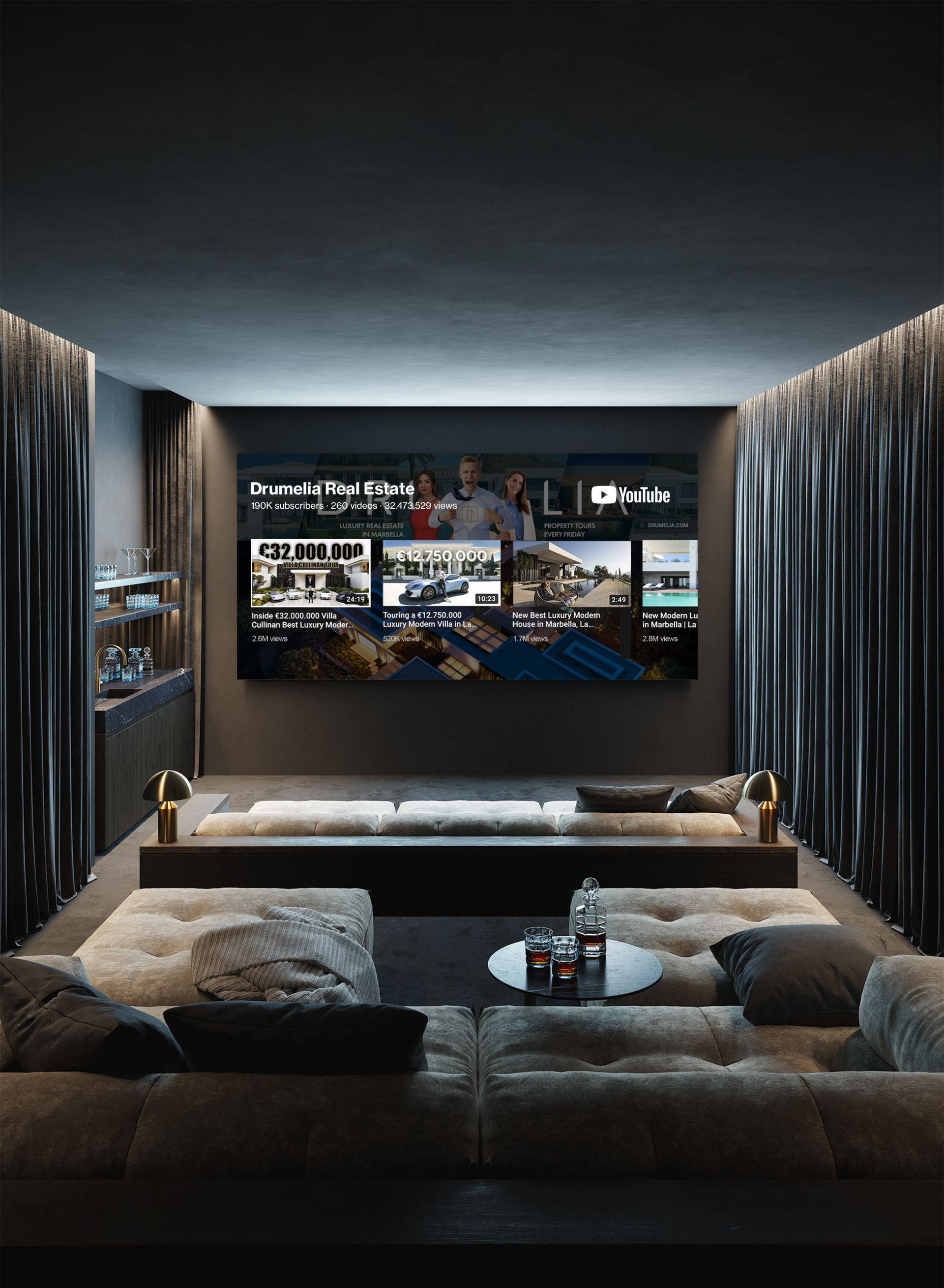 Photograph of a home cinema with Drumelia's YouTube Channel on screen