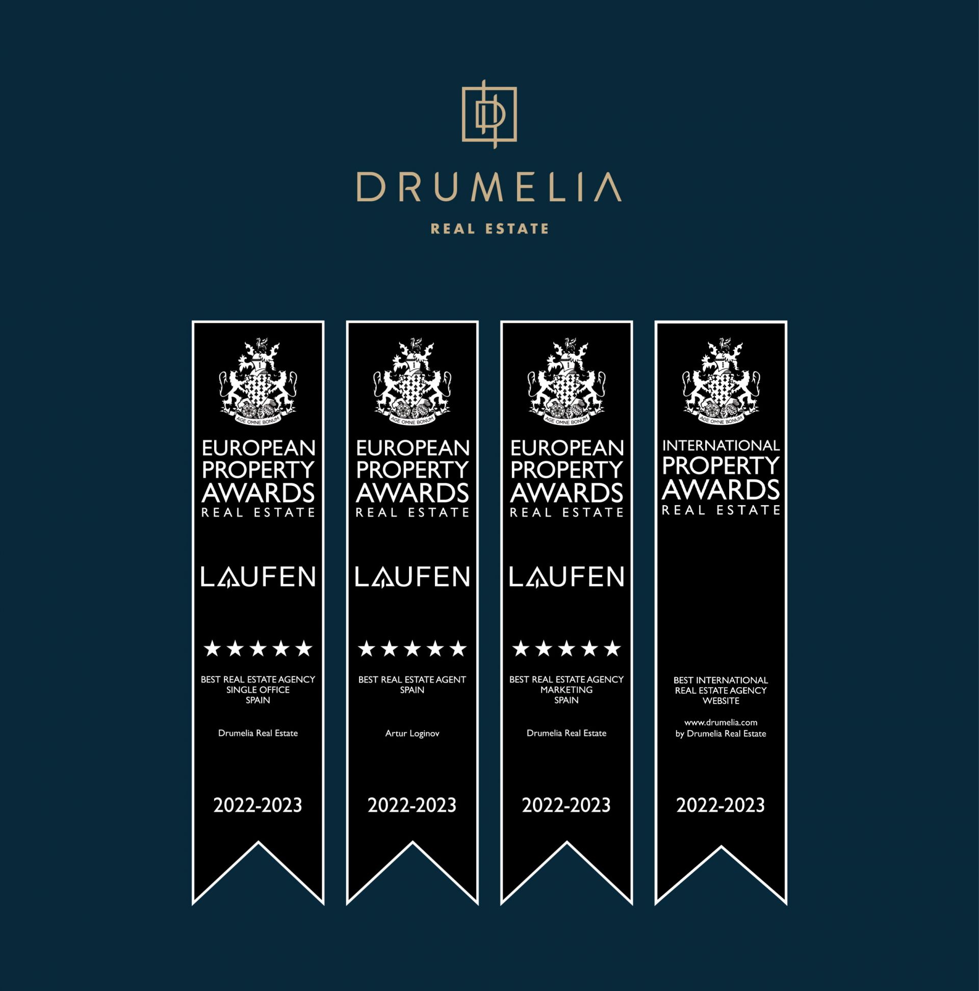 Fotografía de los premios ganados por Drumelia en los Premios Internacionales de Inmobiliaria 2022-2023