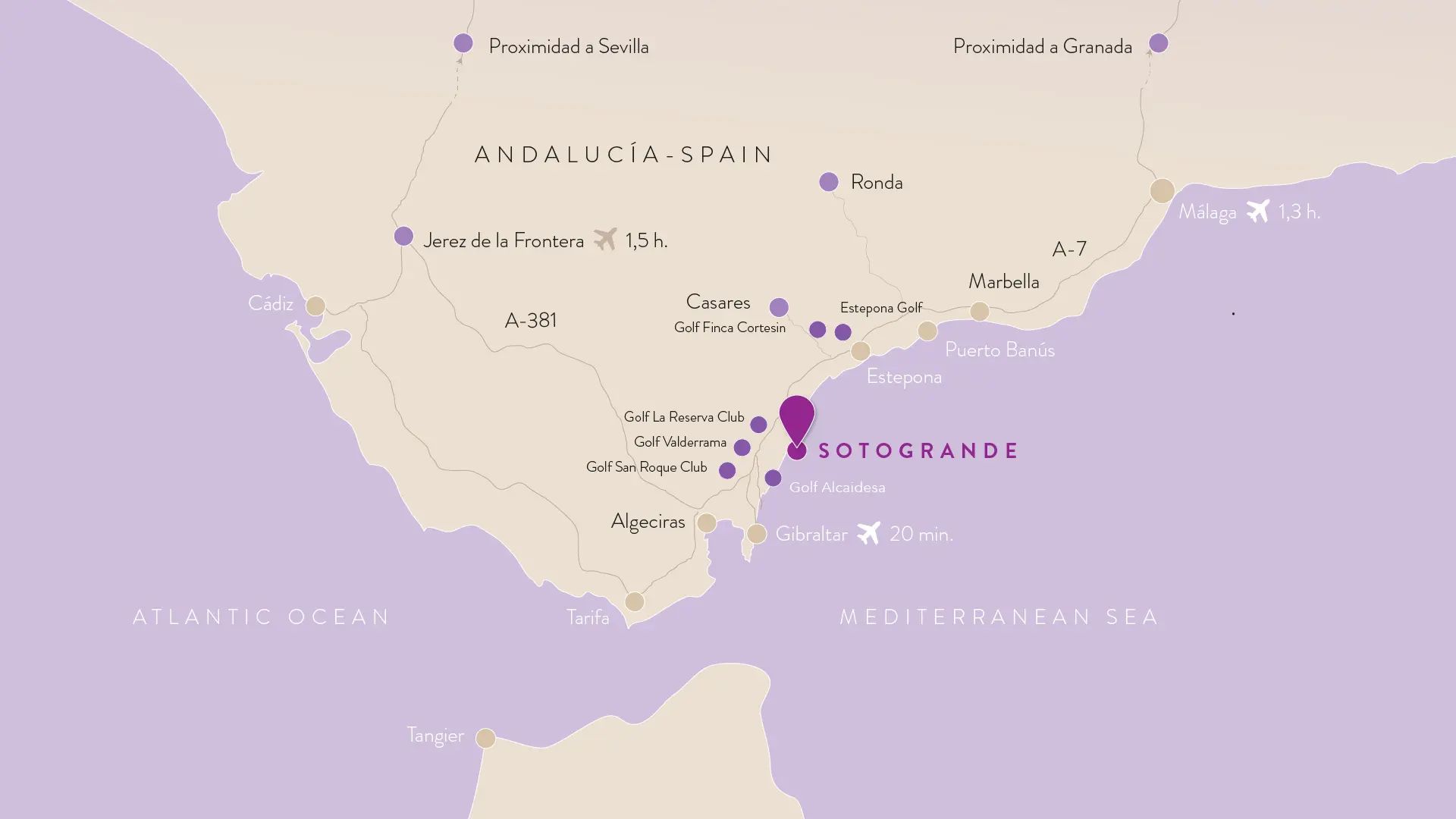 Mapa mostrando la ubicación de La Reserva Sotogrande. Distancia a Málaga, Marbella, Gibraltar, Sevilla y Aeropuertos más cercanos. 