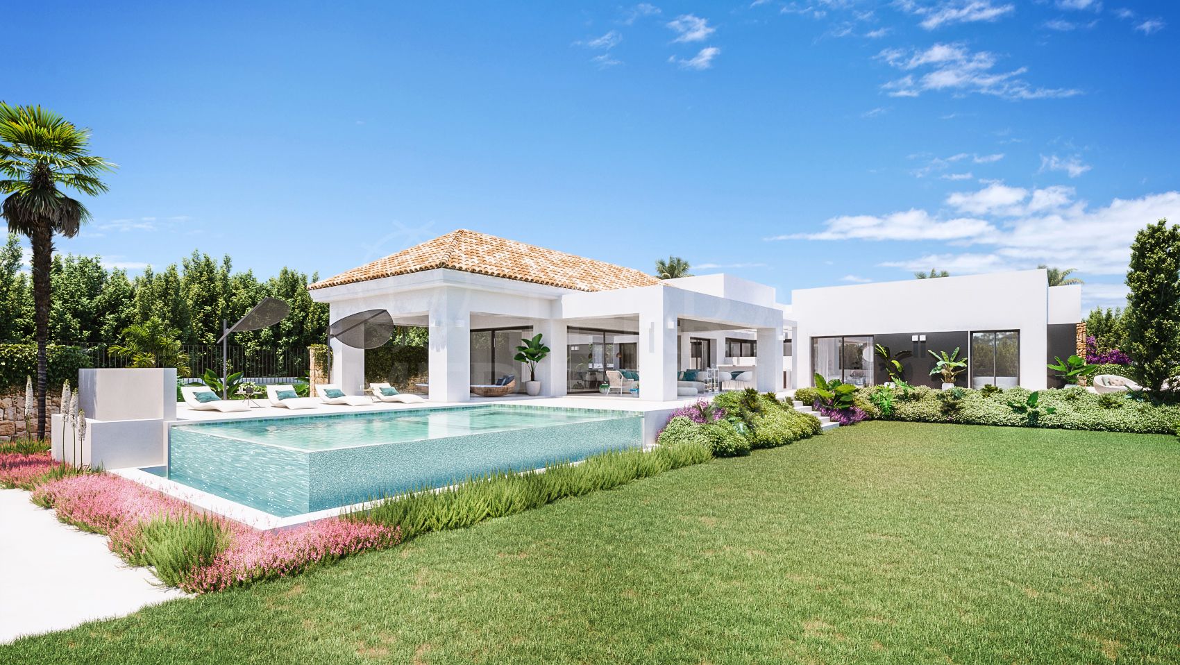 Impresionante villa nueva de estilo mediterráneo con oasis exterior en venta en Bel Air, Estepona