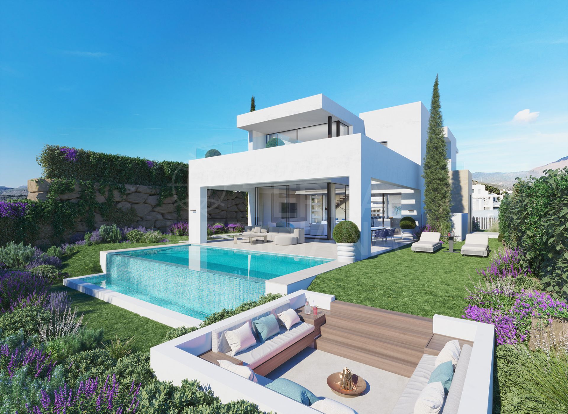 Villas de estilo moderno de 3 dormitorios sobre plano con vistas al mar en venta en Estepona Golf, Estepona