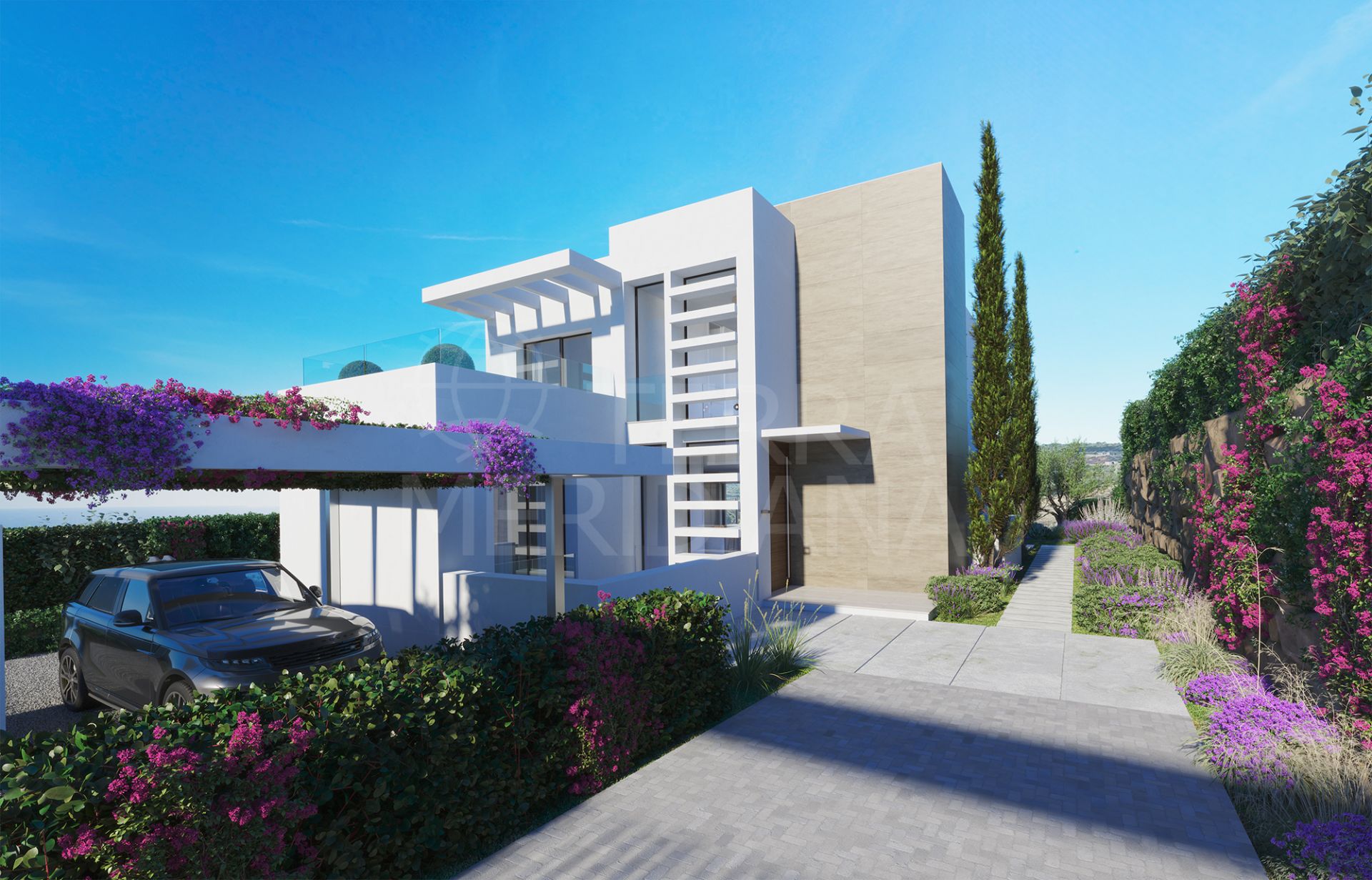 Villa modernas de 3 dormitorios sobre plano con vistas al mar en venta en Estepona Golf, Estepona