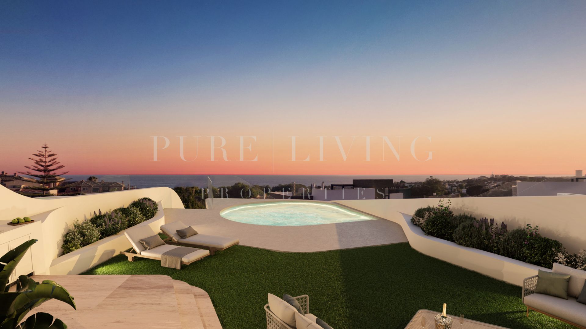 Begane grond duplex appartement met uitzicht op zee en privé zwembad in Cabopino