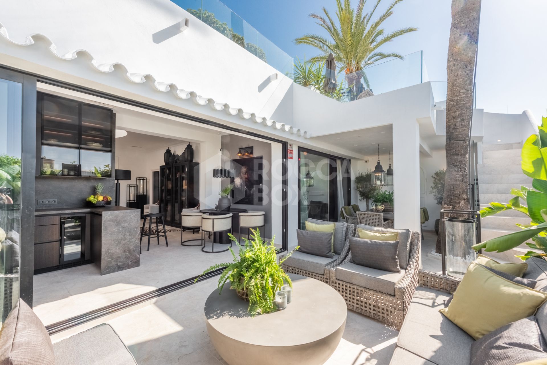 Scandi-style design bungalow in the beachfront Oasis Club on Marbella's Golden Mile.