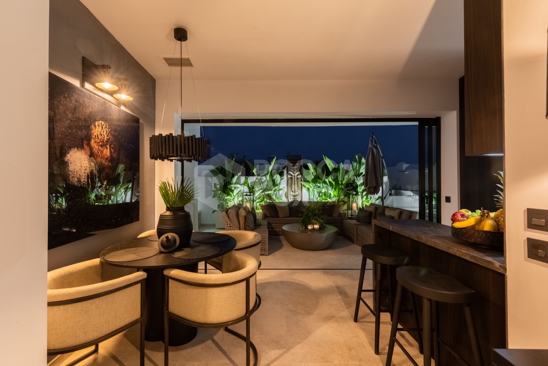 Scandi-style design bungalow in the beachfront Oasis Club on Marbella's Golden Mile.