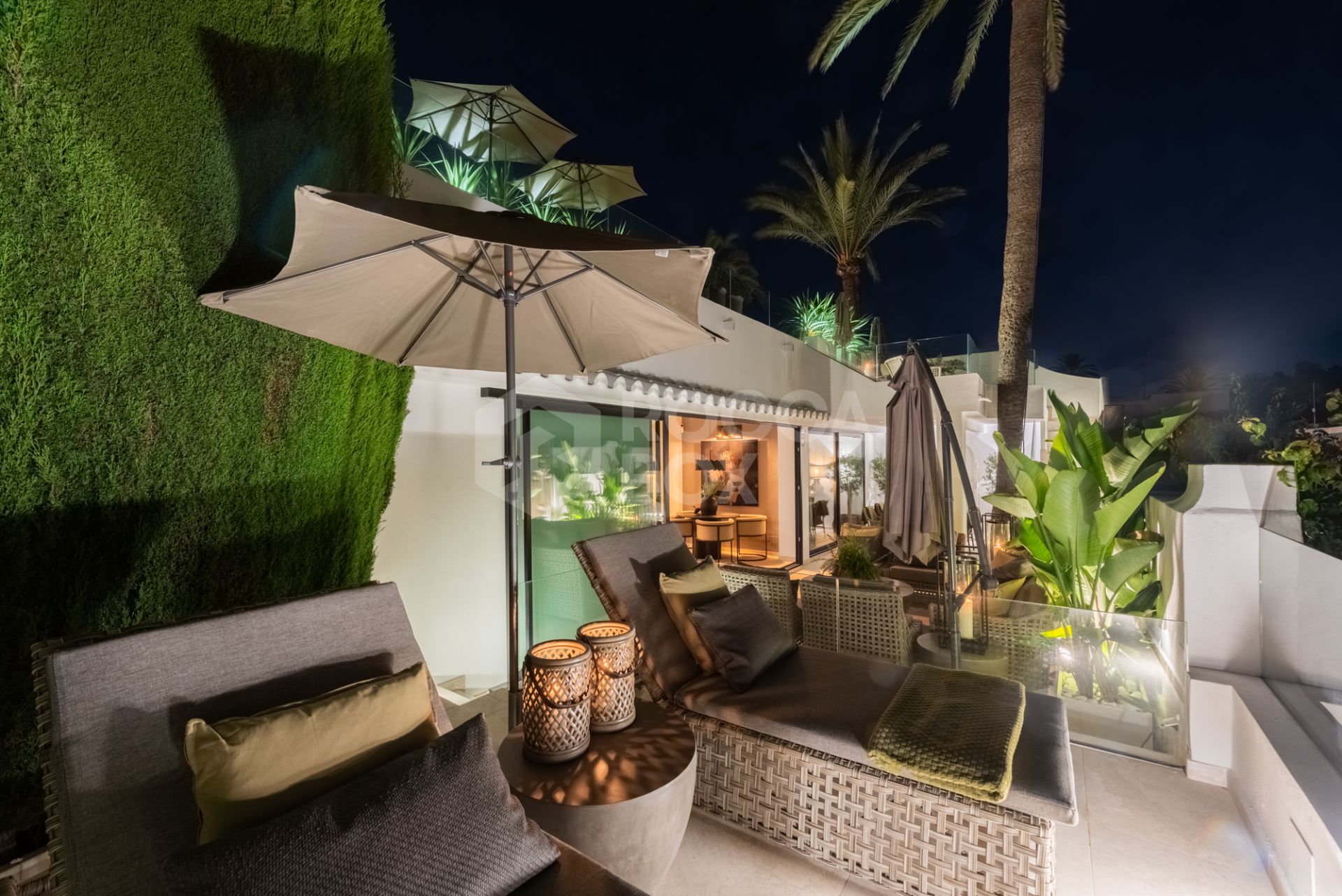 Scandi-style design bungalow in the beachfront Oasis Club on Marbella's Golden Mile.