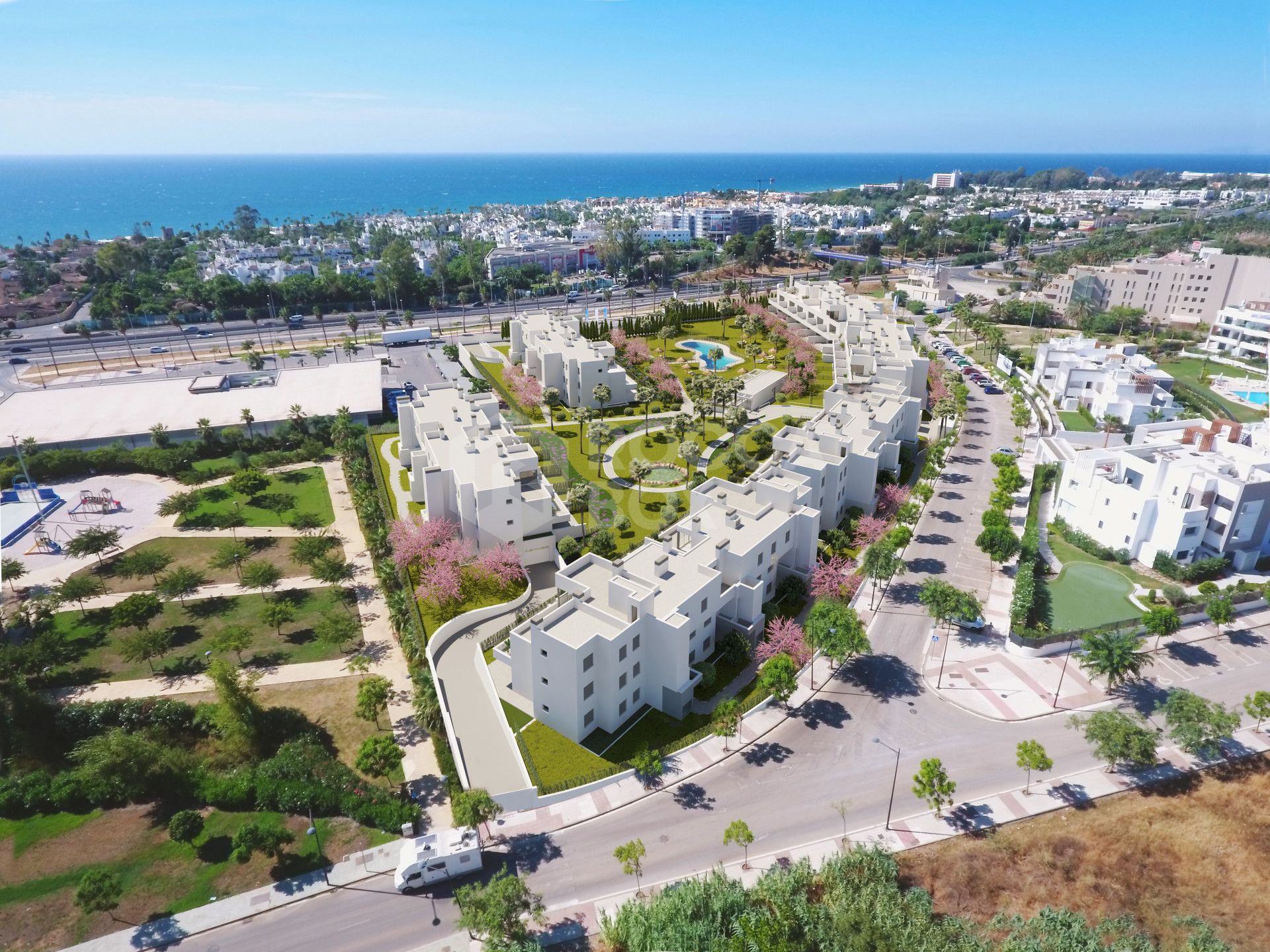 Stylish, southwest facing two bedroom apartment located in the sought-after gated community Acqua Gardens on the New Golden Mile, Estepona