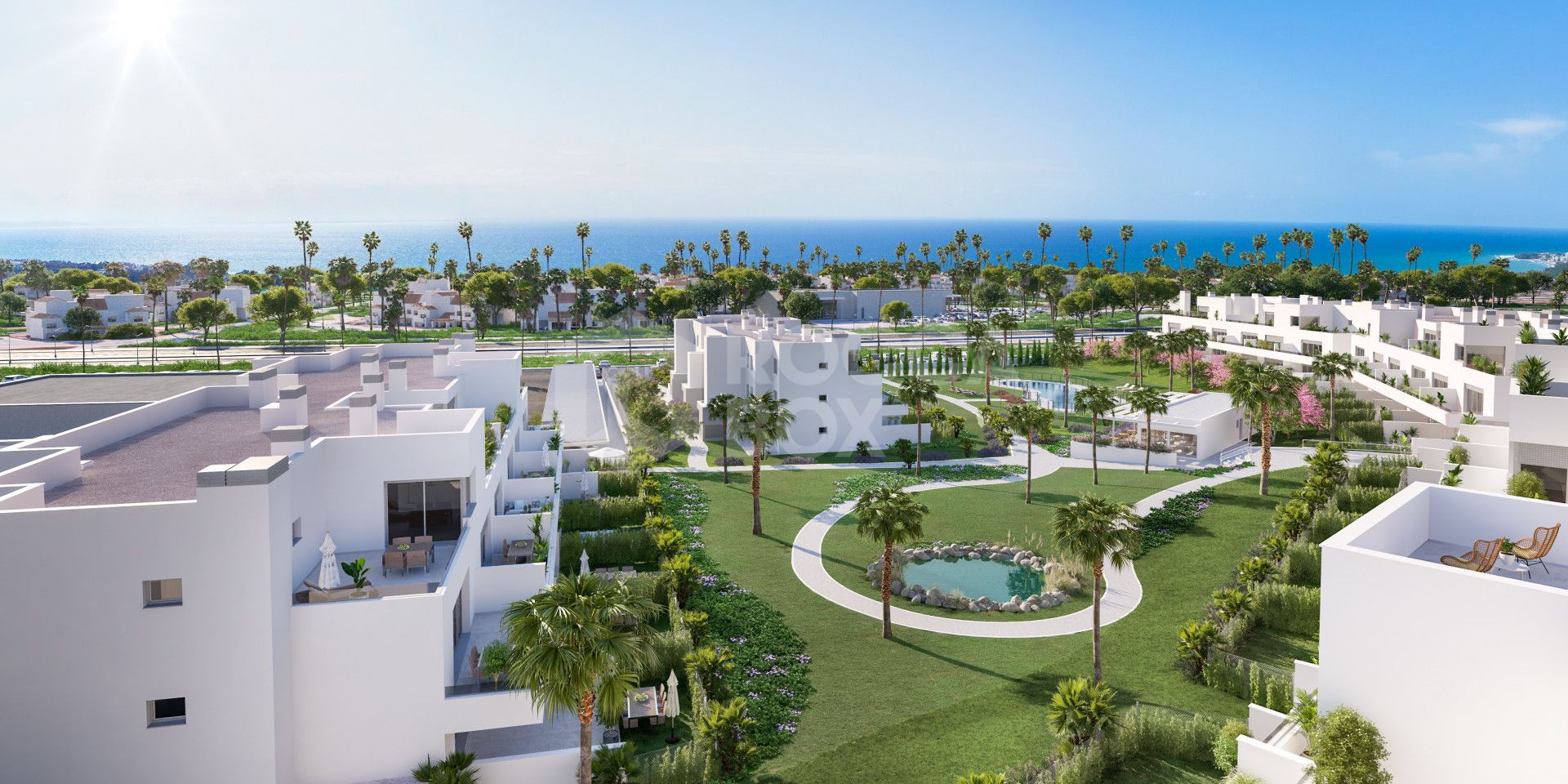 Stylish, southwest facing two bedroom apartment located in the sought-after gated community Acqua Gardens on the New Golden Mile, Estepona