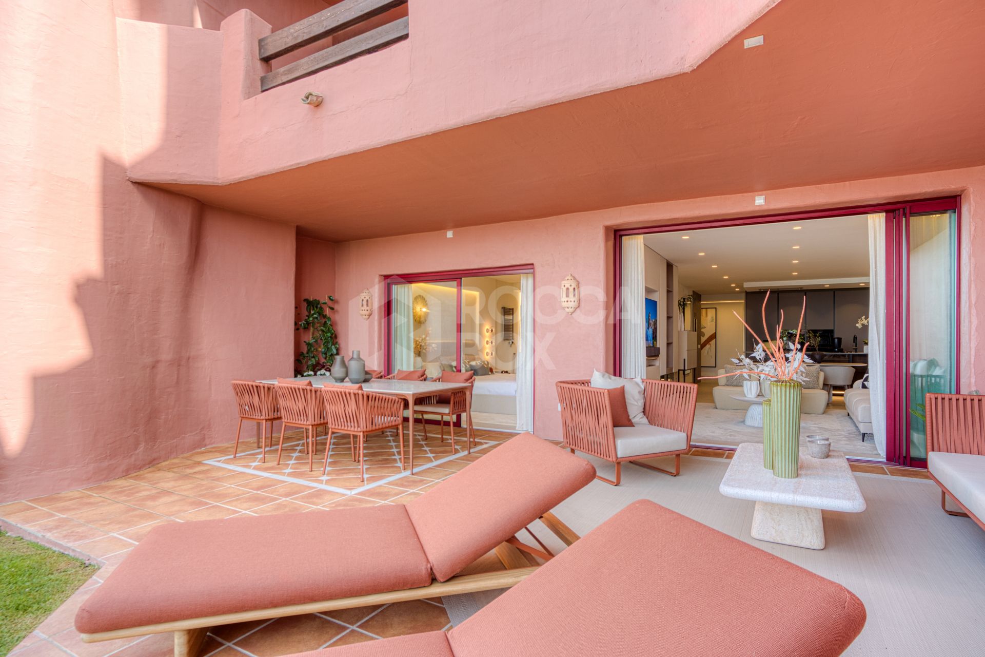 Impeccably renovated, south facing beach front, garden apartment located in the exclusive Menara Beach community on the sought-after New Golden Mile