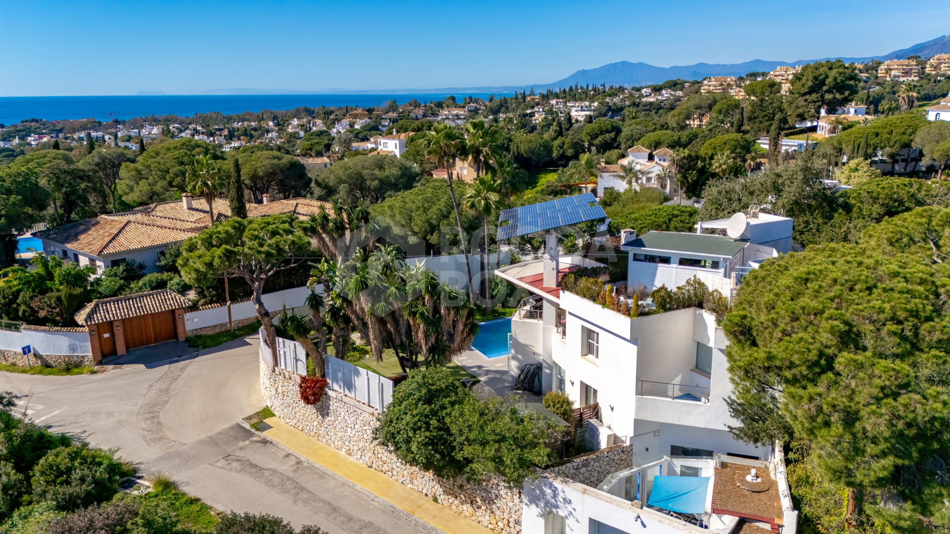 Unique eight bedroom south facing villa, in a tranquil area of Elviria, Marbella boasting sea views