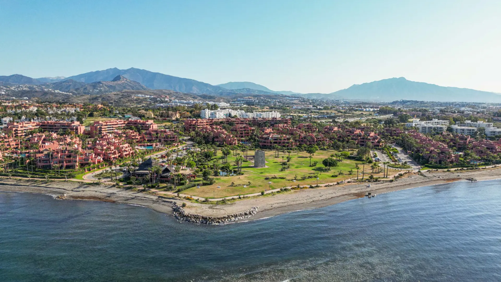 Aerial view of Guadalmansa and beachfront communities on the New Golden Mile in Estepona
