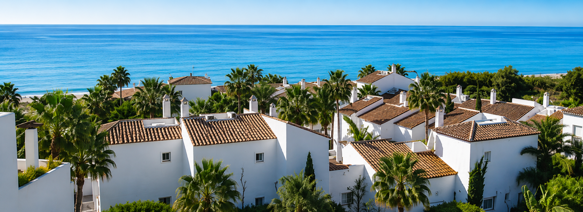 Panoramic view of whitewashed buildings with terracotta roofs, surrounded by palm trees, facing the blue sea.