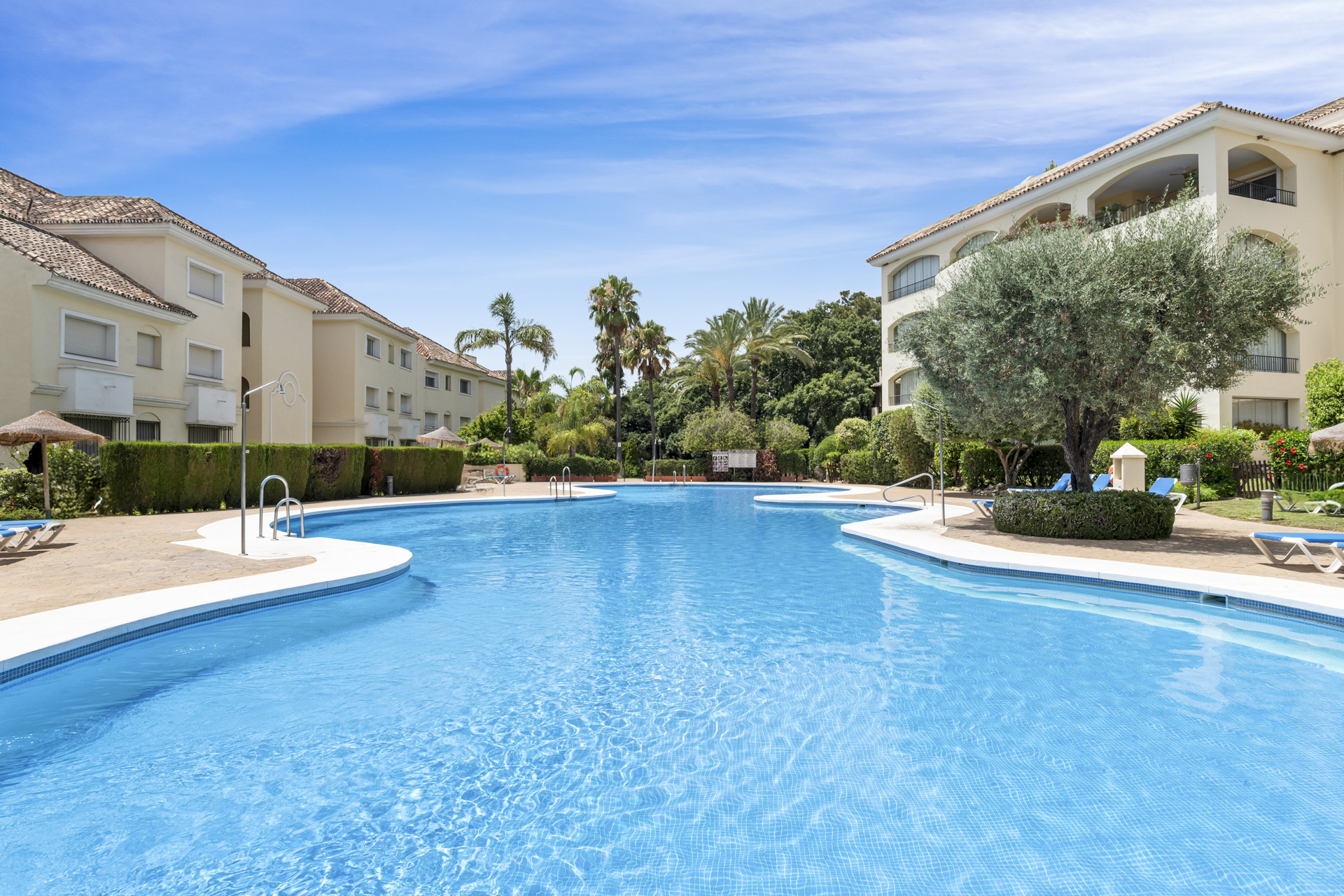 View of a large, clear blue swimming pool surrounded by residential buildings and lush green trees.