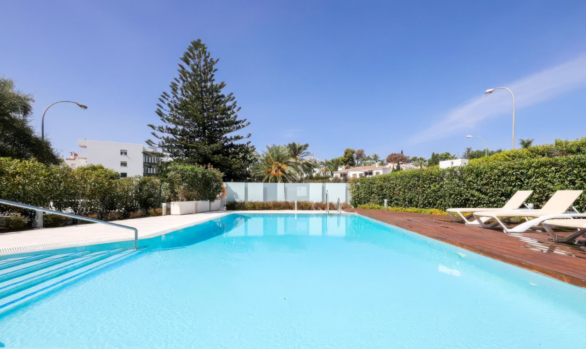 Outdoor swimming pool with wooden decking, three lounge chairs, and tall green hedges.