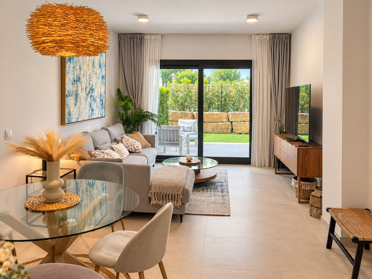Living area with a sofa, TV on a wooden console, and a dining table with chairs in the foreground.