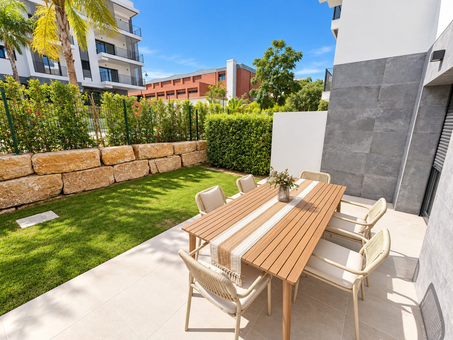 Outdoor dining area with a long wooden table on a tiled patio, green lawn, and residential buildings.