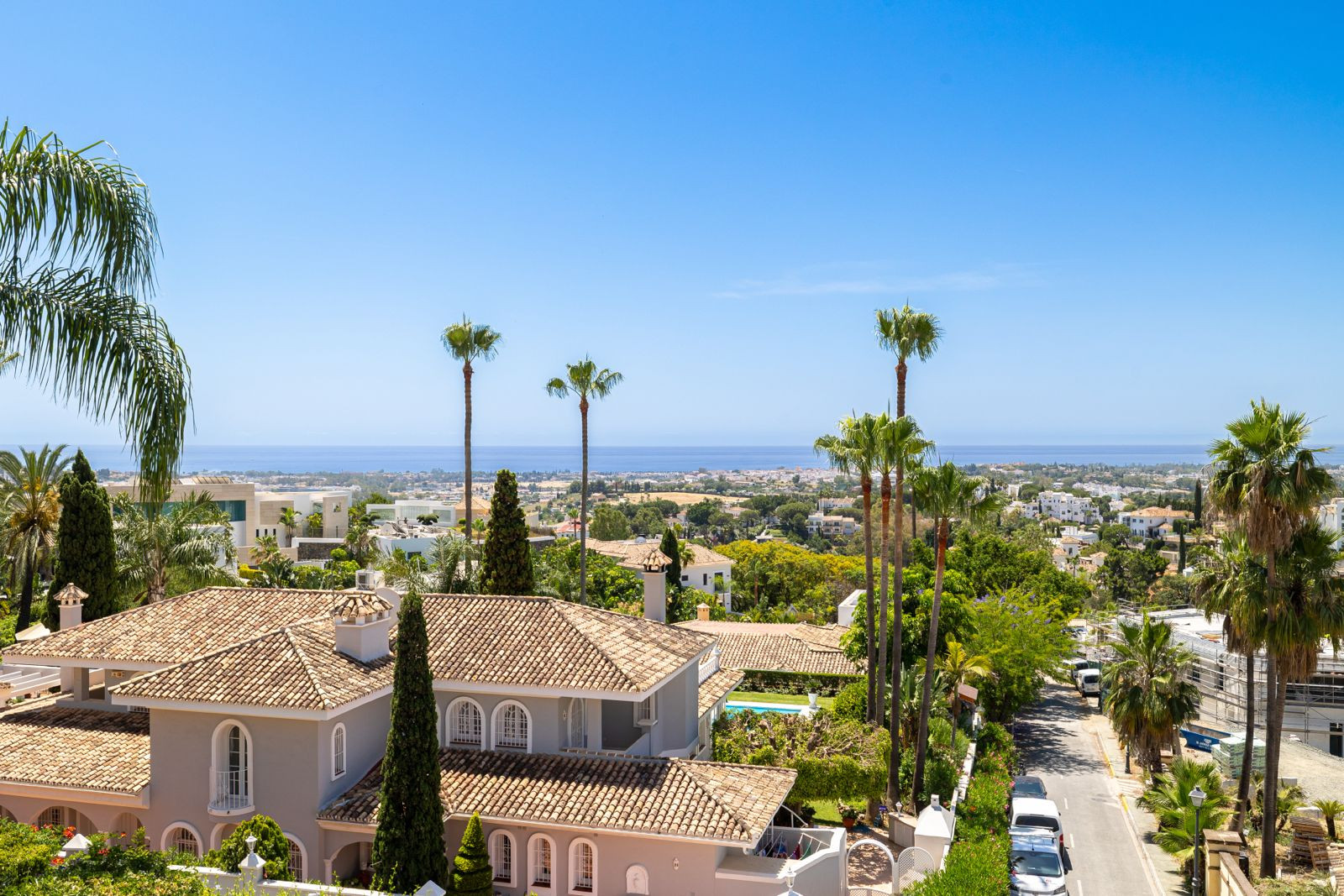 View of palm trees and coastline from the terrace of the property.