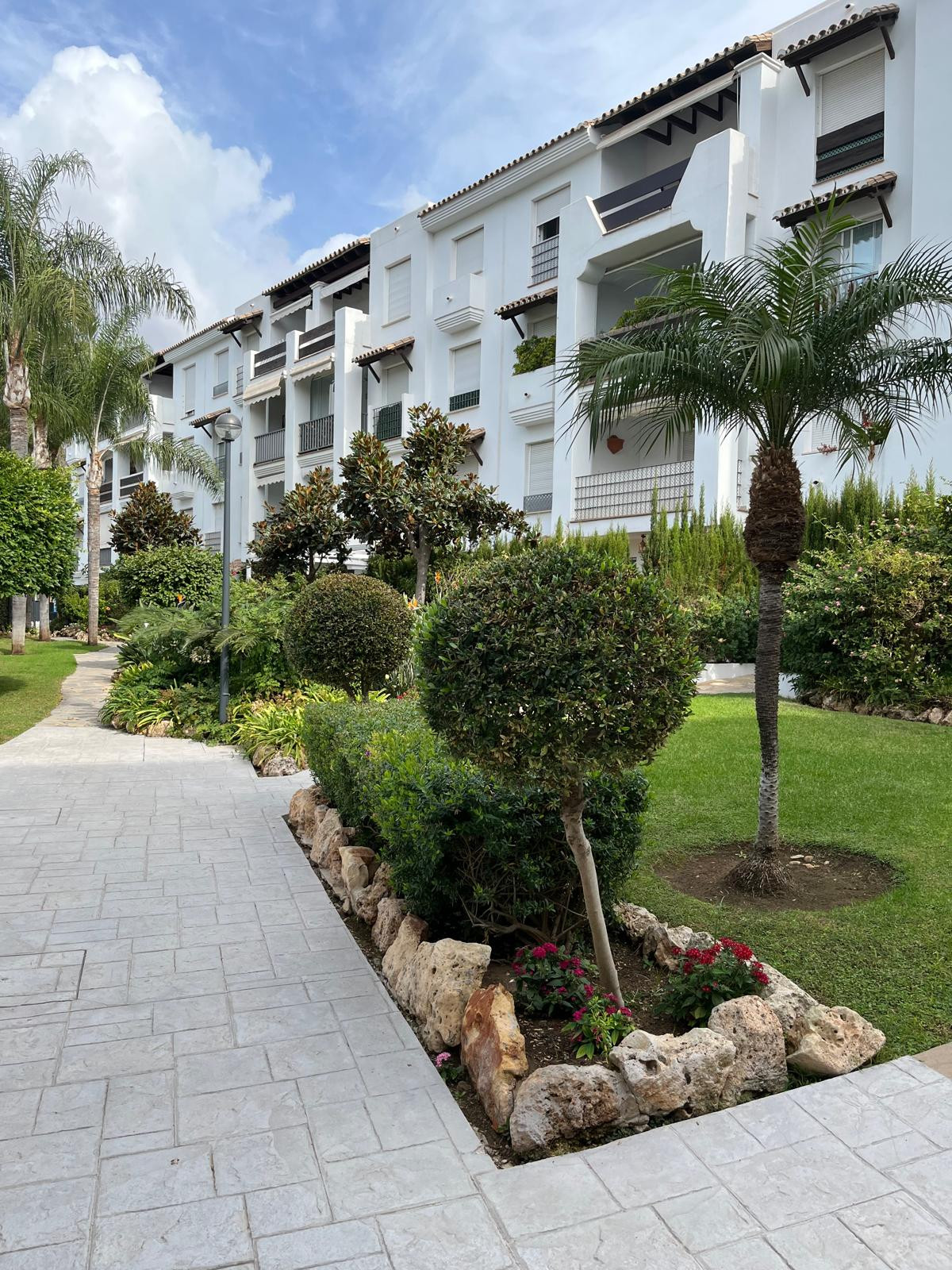 Exterior view of the building with landscaped gardens and palm trees.