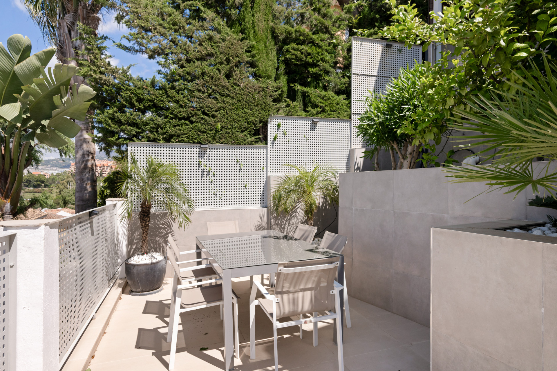 Outdoor dining area with a glass table and tropical plants.