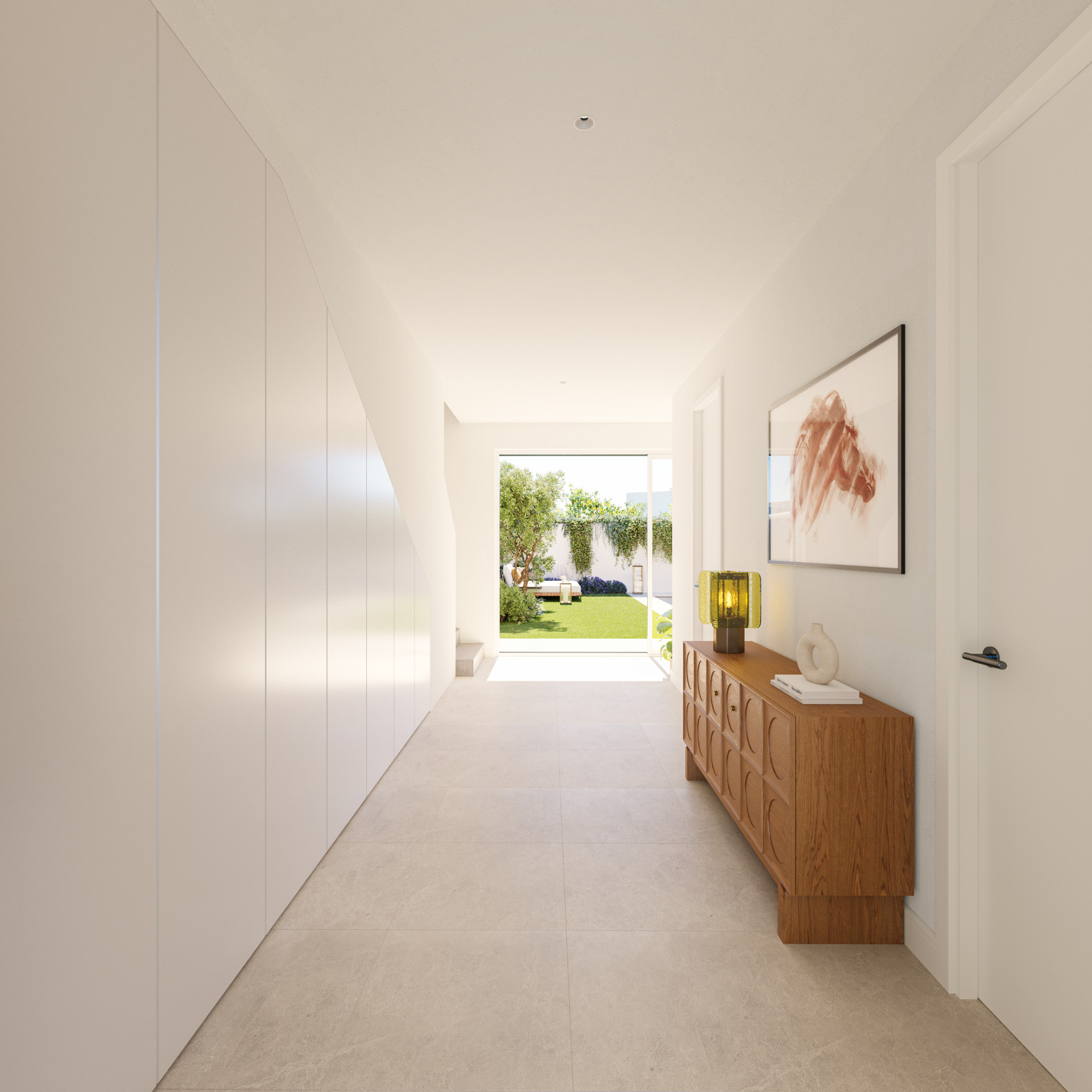 Hallway with white built-in storage on the left, a wooden credenza on the right, and a garden view ahead.