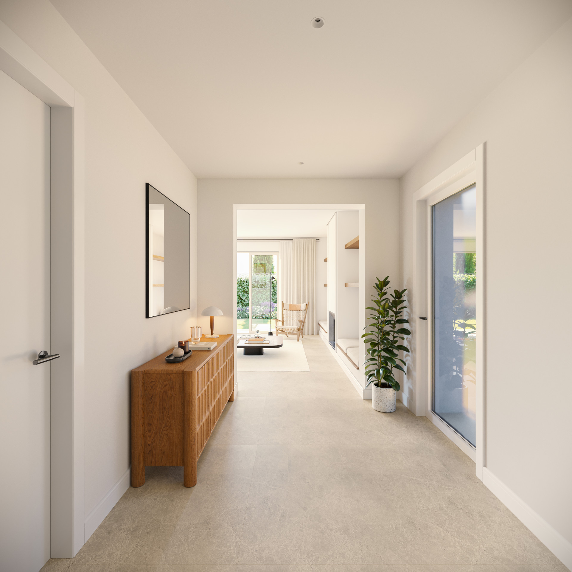 Hallway with a wooden credenza and a potted plant, leading to a living area with a view to a patio.