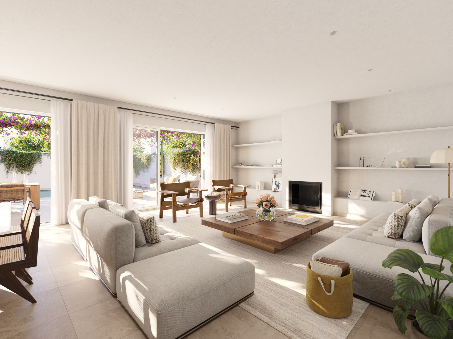 Bright living room with large sectional sofas, a square wooden coffee table, and an indoor fireplace.