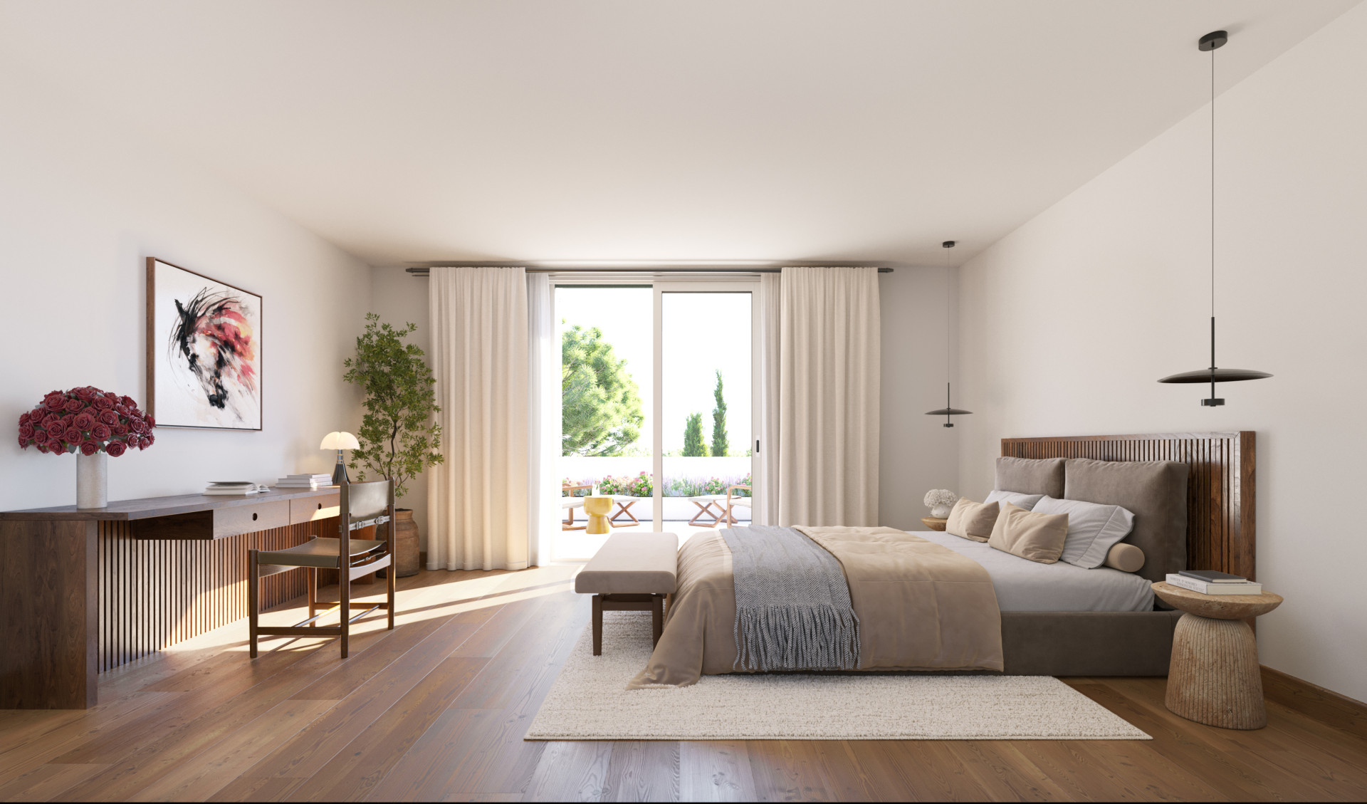 Bedroom with a large bed, desk, and sliding glass doors opening to a private patio with greenery.