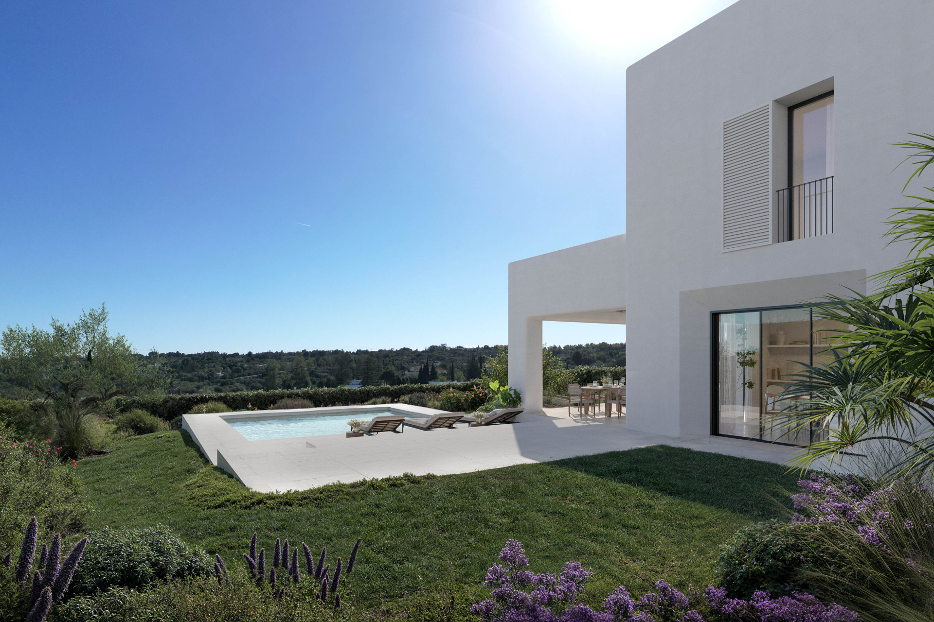 Modern white villa exterior with a swimming pool, patio, and green lawn, under a bright sunny sky.