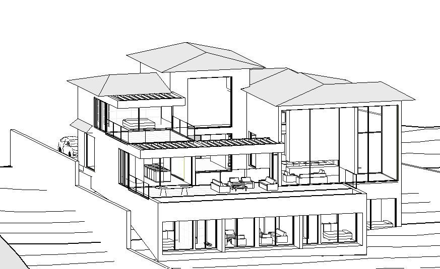 Architectural line drawing of a multi-story house with terraces, viewed from an upper angle.