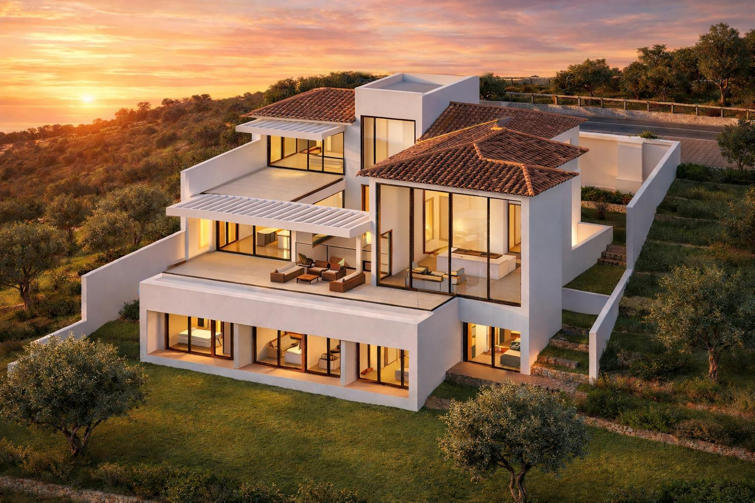 Contemporary white house on a hillside at sunset, with terraces and an olive tree in the foreground.