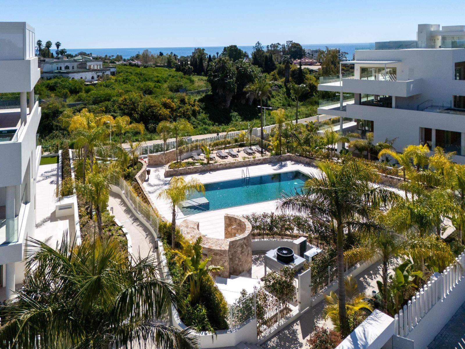 High aerial view of a rectangular swimming pool surrounded by palm trees and white modern buildings.