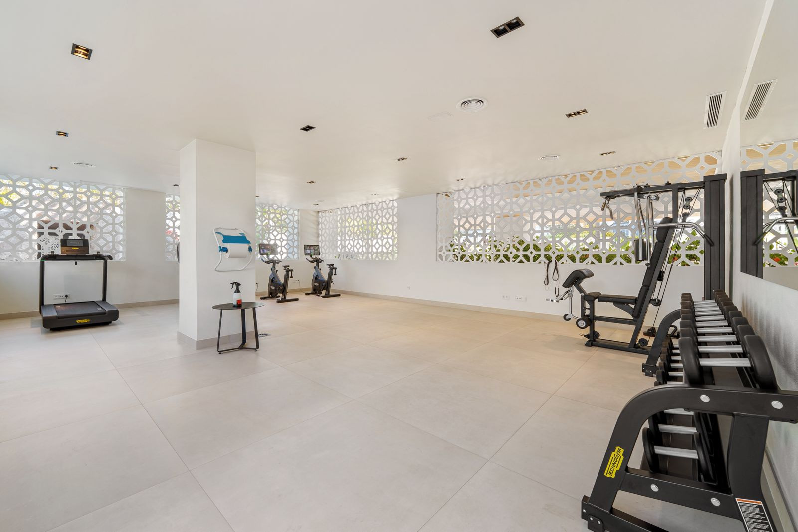 Spacious white gym room with treadmill, exercise bikes, dumbbells, and decorative wall screens.