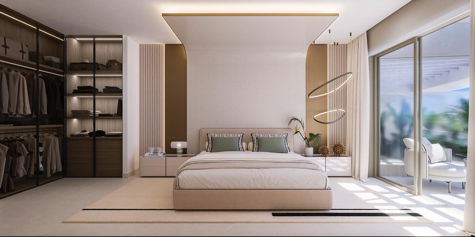 Bedroom with a large bed, built-in closet on the left, and glass doors opening to an outdoor patio.