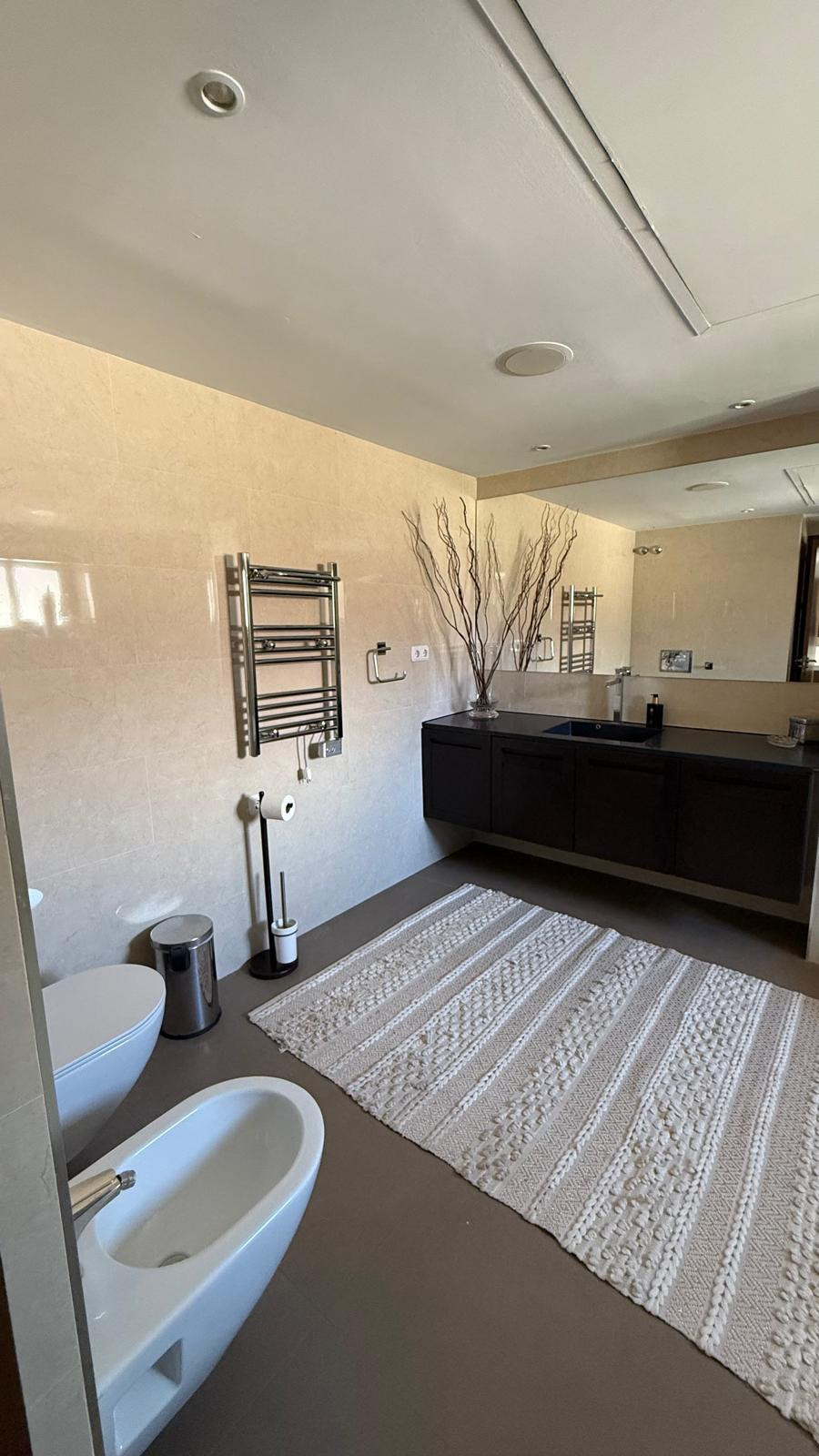 Contemporary bathroom featuring a dark vanity, large mirror, towel rack, and decorative branches.