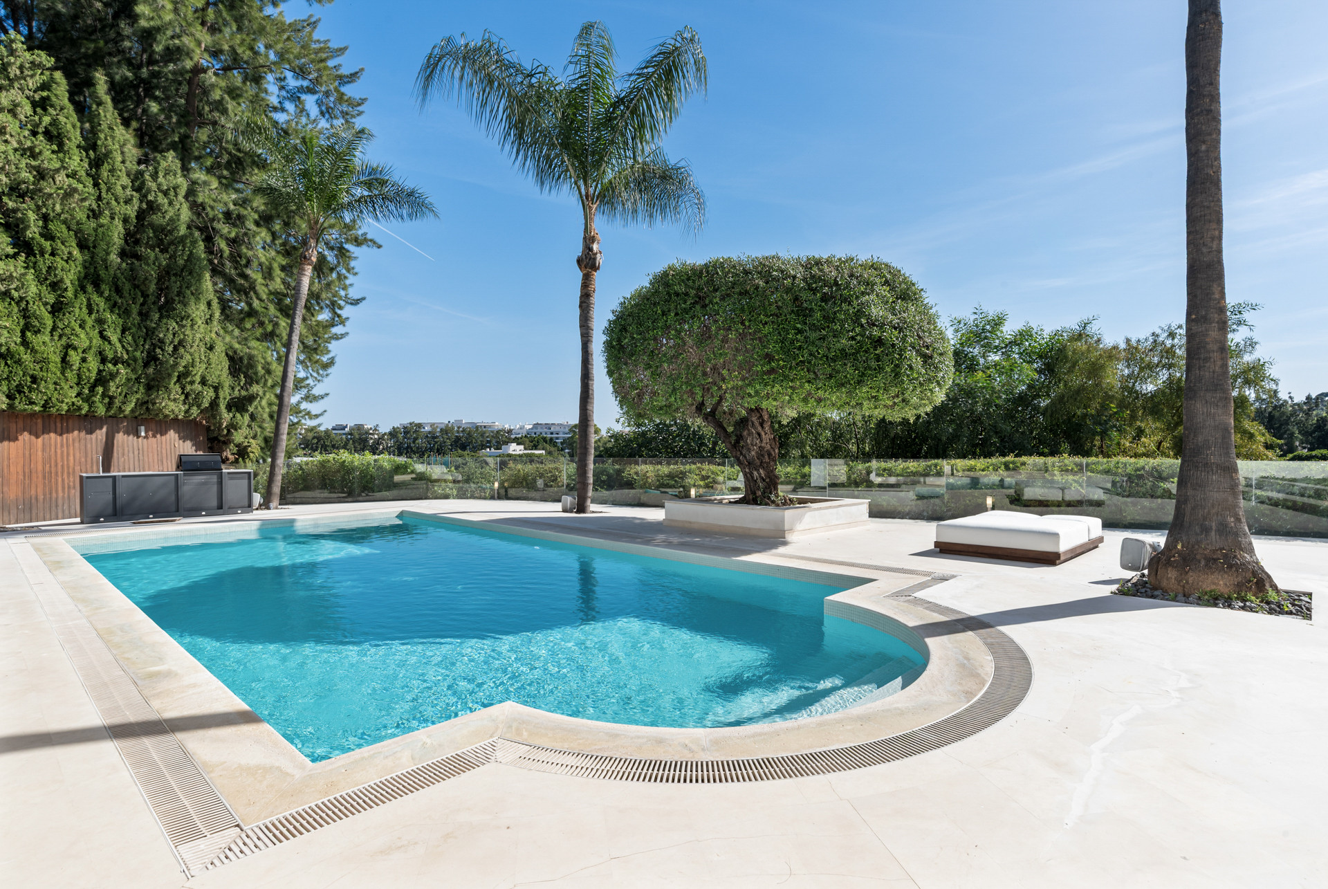 Swimming pool surrounded by greenery and palm trees in Marbella.