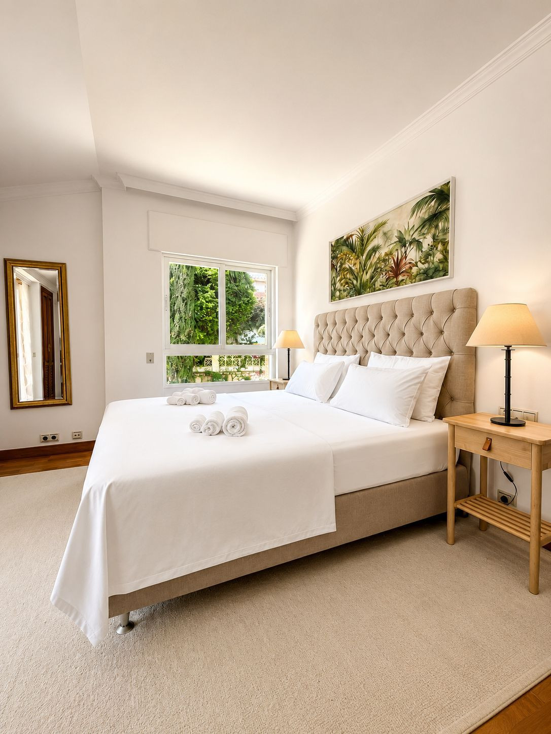 Spacious bedroom featuring a king-size bed and large window with garden view.
