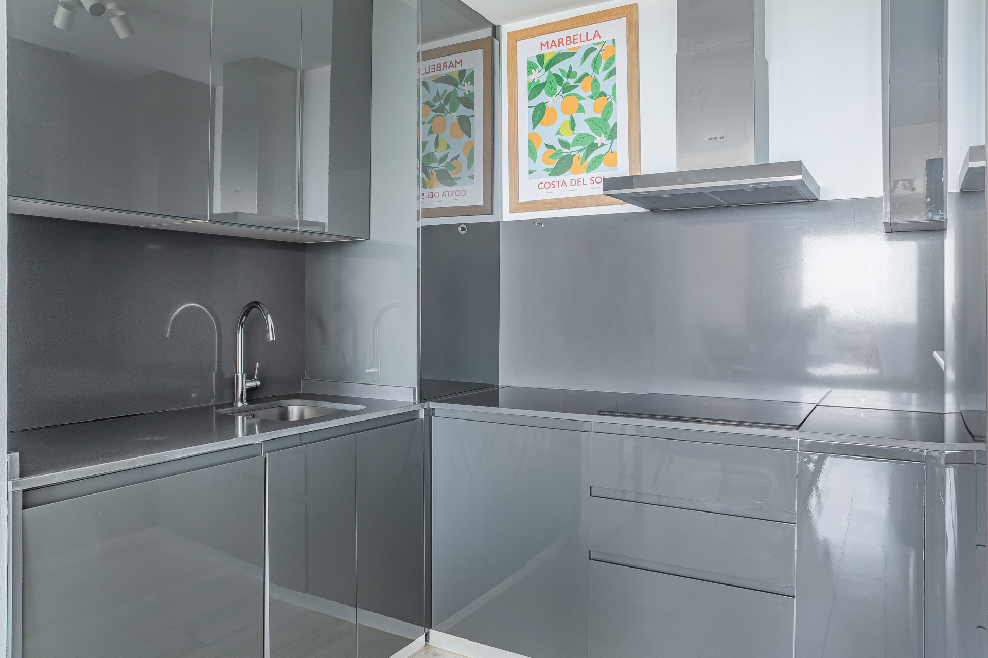 Gray modern kitchen featuring a sink, stovetop, and two posters of oranges on the wall.