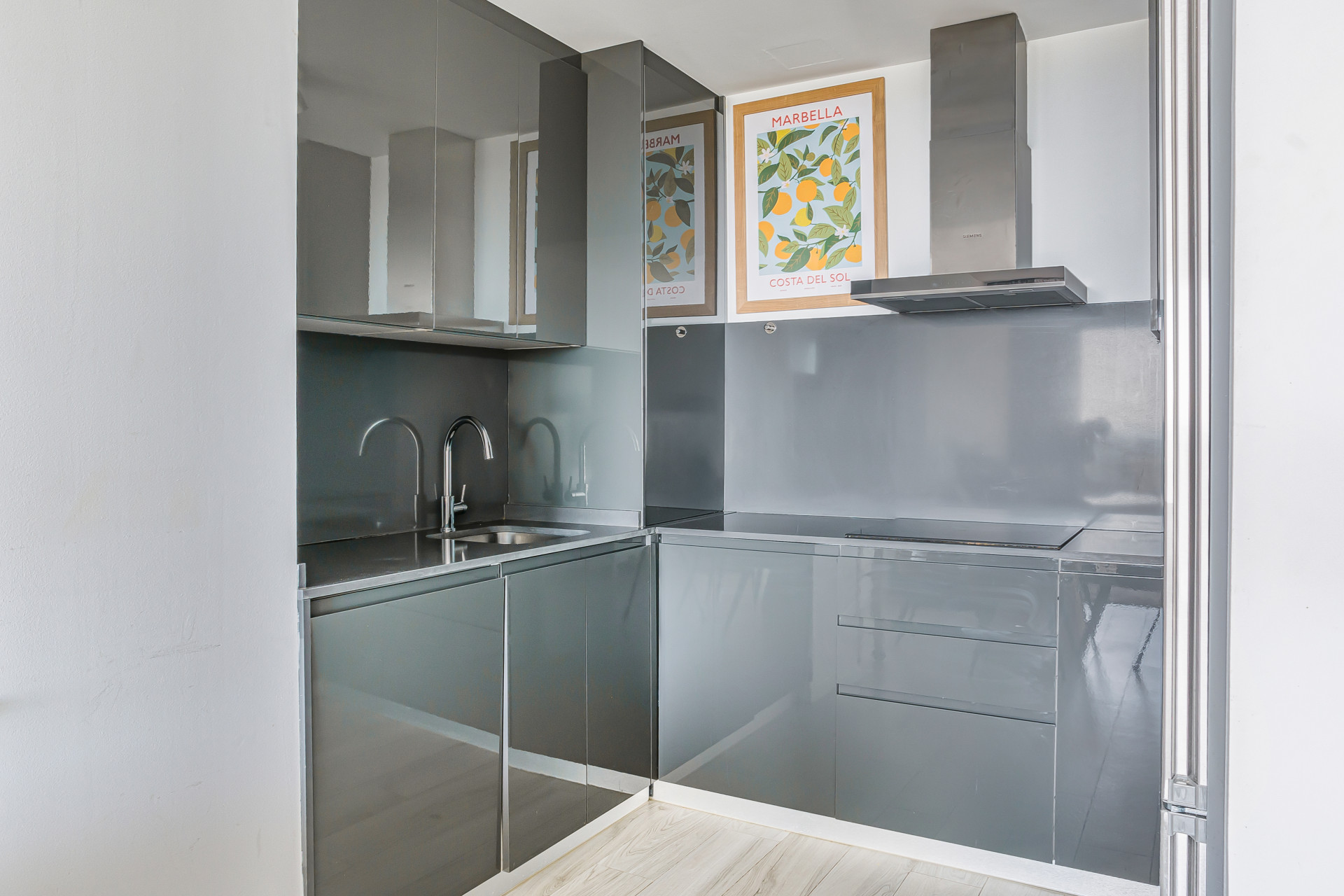 Modern kitchen with gray glossy cabinets, stainless steel appliances, and two posters on the wall.