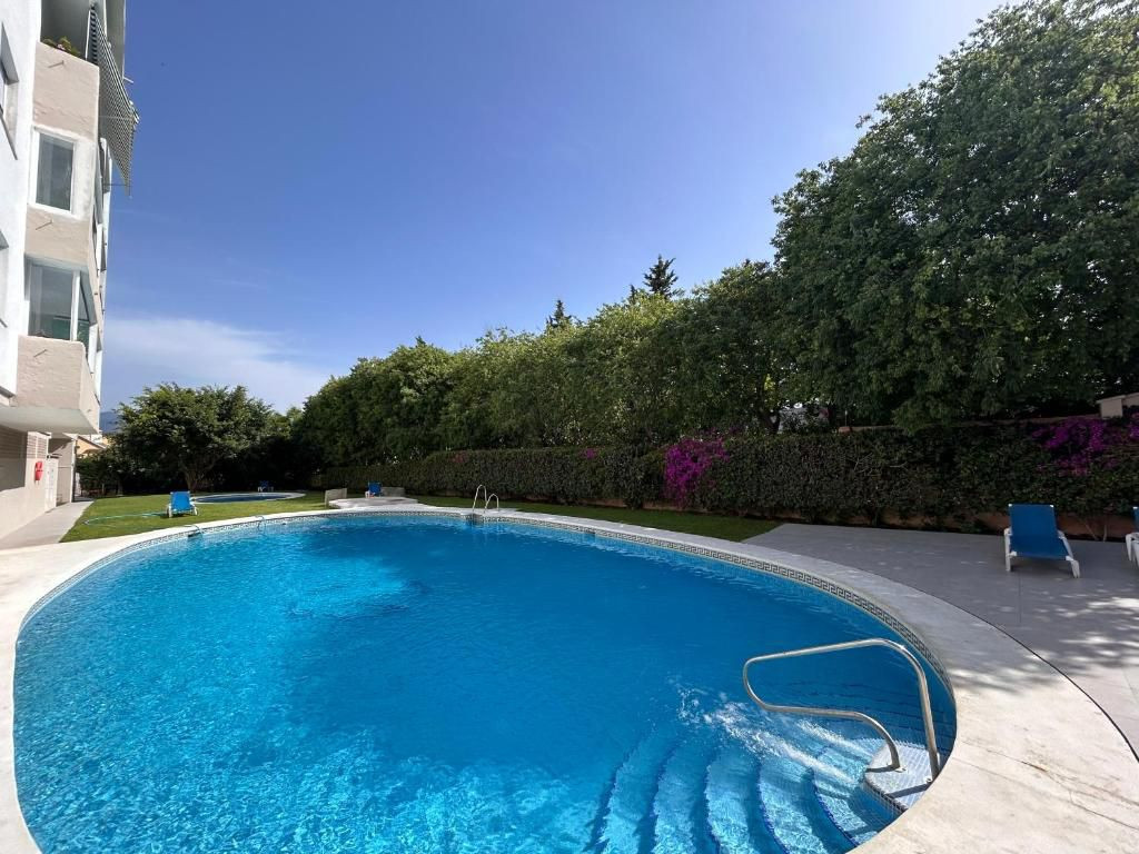 Outdoor view of a bright blue swimming pool with steps, lounge chairs, green lawn, and tall trees.