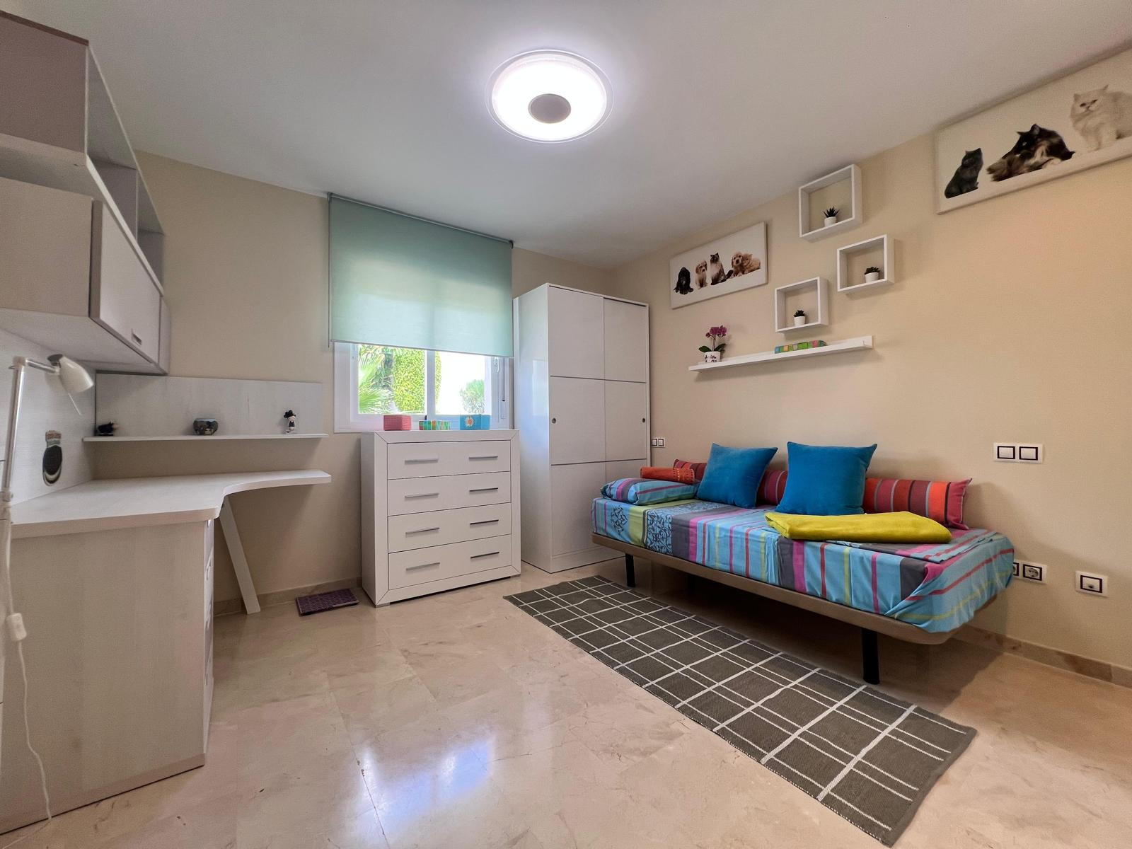 Bedroom with a daybed, white desk, chest of drawers, and shelves with decorative items on the wall.
