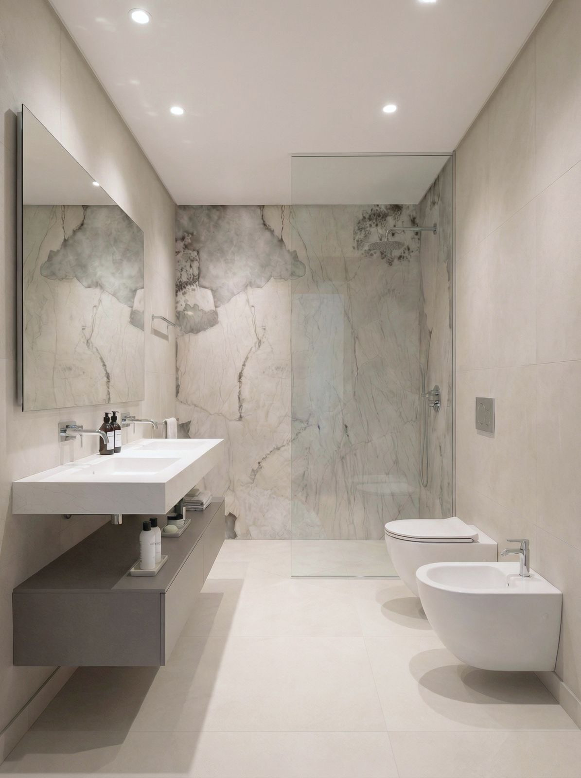 Bathroom with floating double vanity, walk-in shower with glass panel, toilet, and bidet.