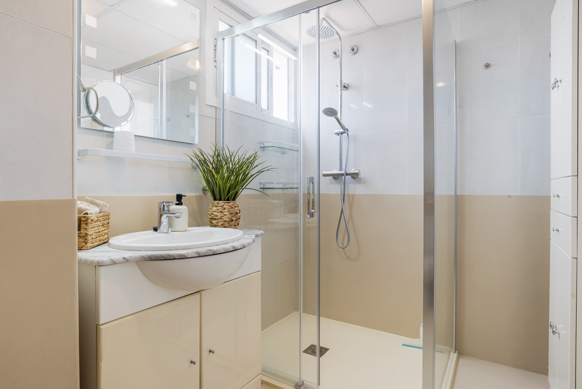 Modern bathroom with shower, sink, and potted plant.