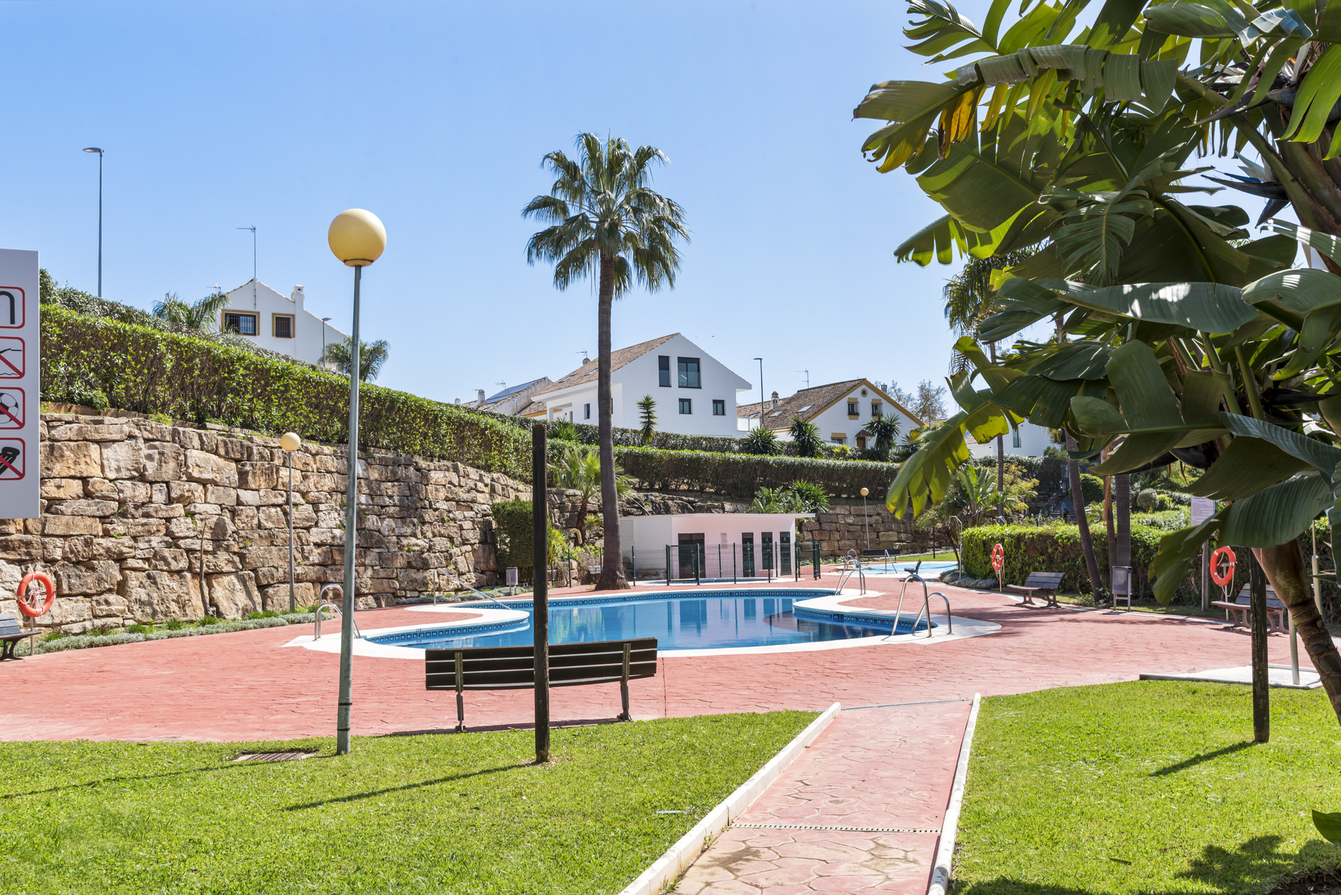 Outdoor pool area with stone wall, palm trees, and sun loungers.