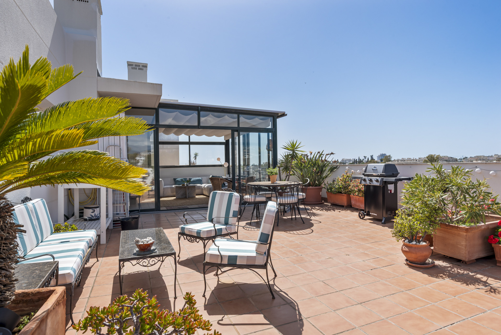 Open terrace view with mixed seating areas, potted plants, and grilling space visible.