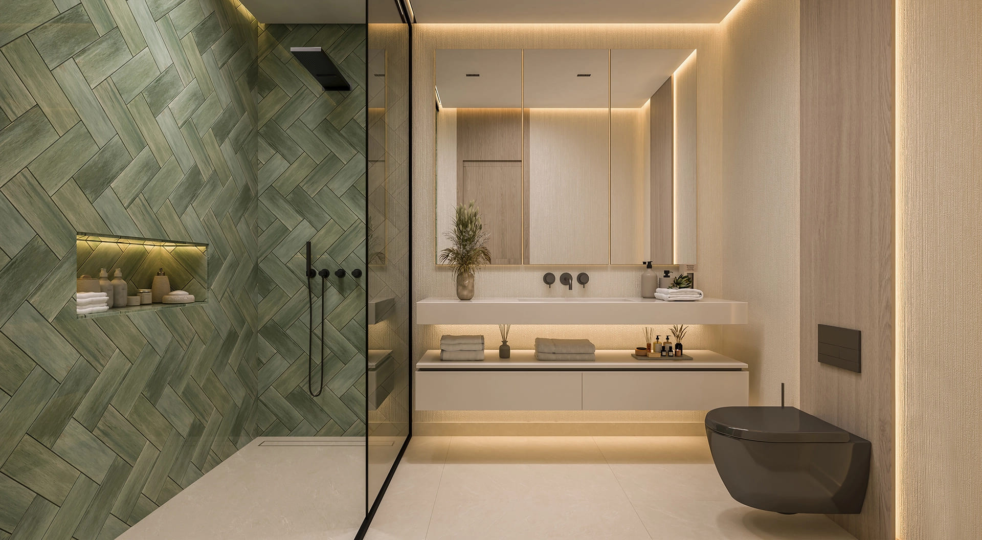 Modern bathroom with a glass shower enclosure and green herringbone tiled wall, vanity with double sinks, and dark toile