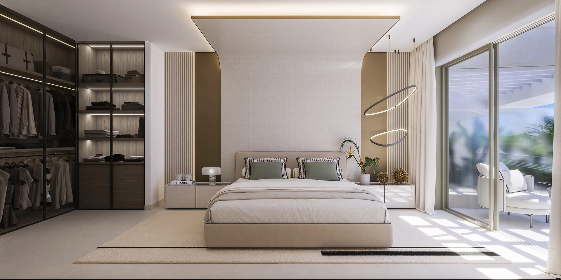 Bedroom with a large bed, built-in closet, and glass doors opening to a patio.