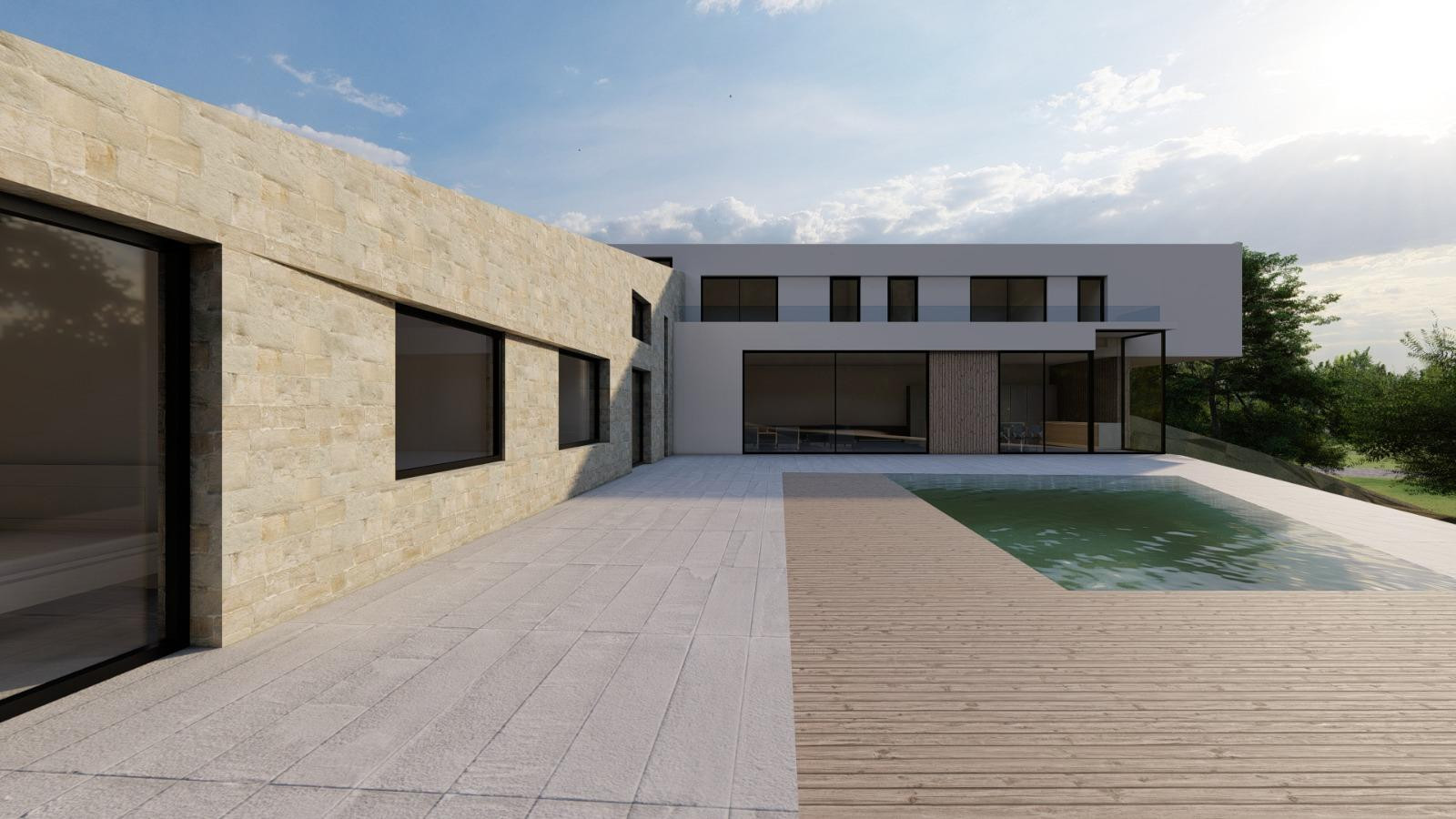 Exterior view of a modern white and stone house, featuring a patio and a rectangular pool.