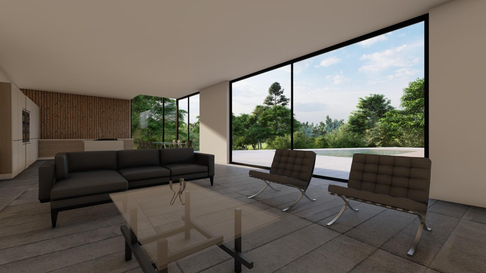 Living room with a dark sofa, two armchairs, a glass coffee table, and large windows.